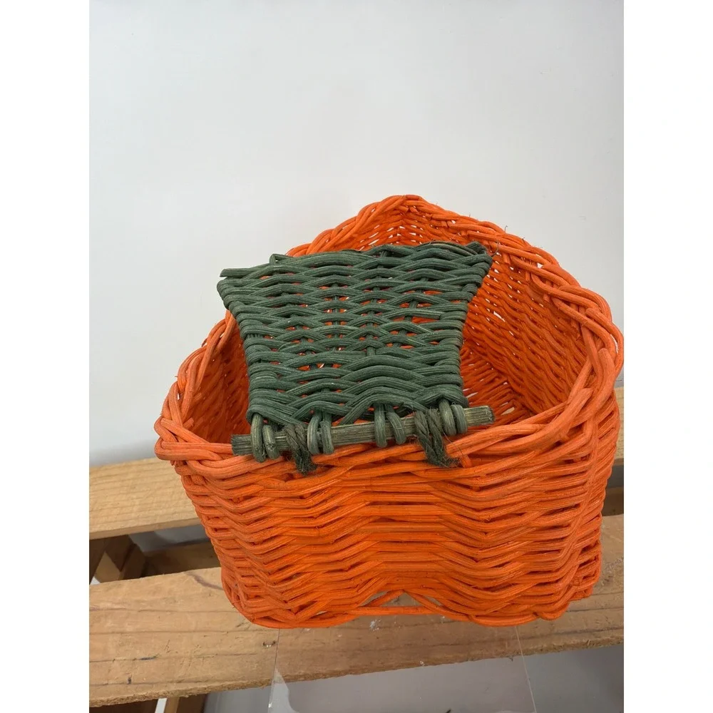 Vintage Orange Wicker Carrot Basket Easter Decor Green Stem Woven Storage‎